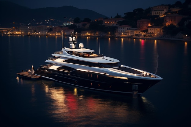 Foto large luxury yacht at night on the port