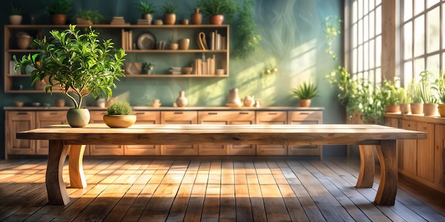 Un largo banco de madera colocado frente a una ventana con una planta en olla en el lado izquierdo y un estante lleno de varios artículos detrás de él