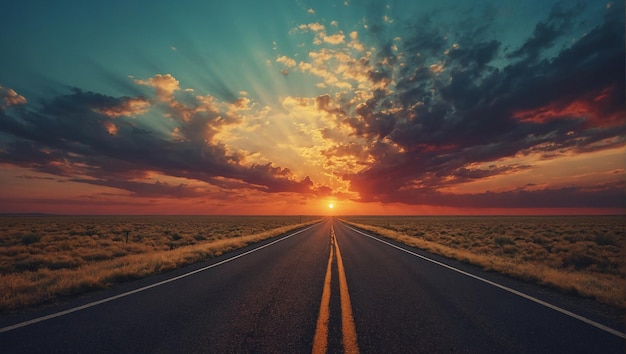 Un largo camino al atardecer con un hermoso cielo y nubes