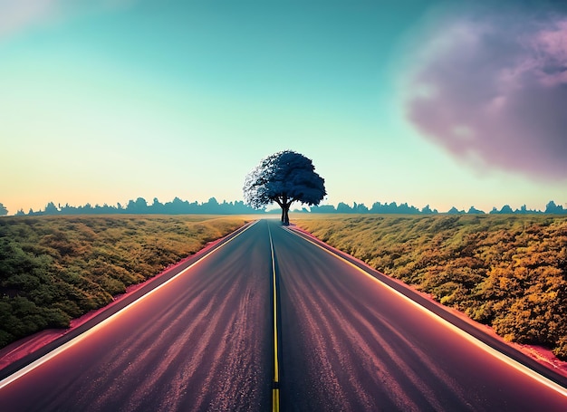 Un largo camino con un árbol en el horizonte