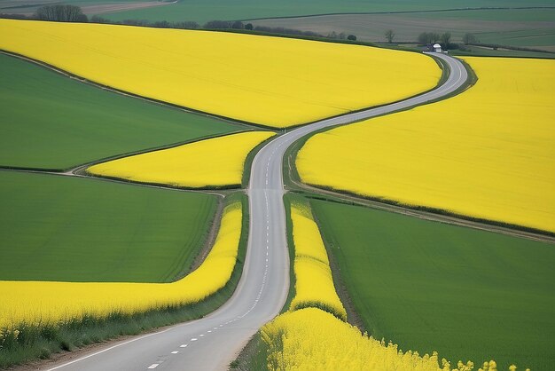 Foto un largo camino entre campos de colza amarilla primavera vista rural