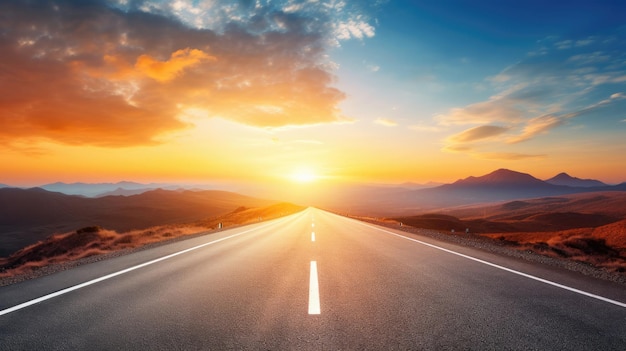 Un largo camino de montaña vacío hacia el horizonte en un soleado día de verano en una brillante puesta de sol