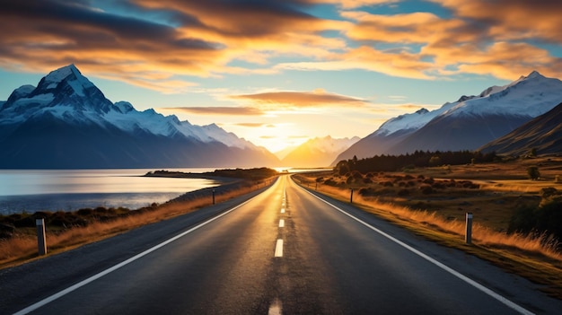 Un largo camino recto con montañas en el fondo