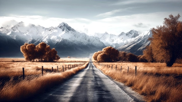 Un largo camino recto que conduce a una montaña cubierta de nieve