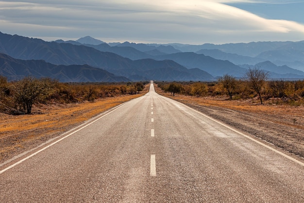 Un largo camino recto que se pierde en el infinito paisaje montañoso de Argentina.