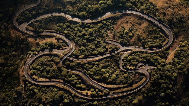 Un largo camino rural serpentea a través de un denso bosque de pinos