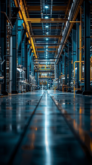 El largo corredor industrial azul y amarillo