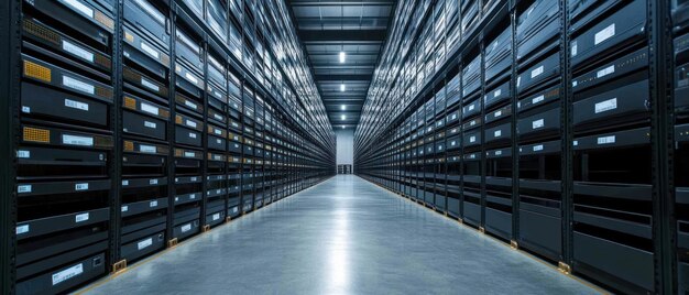 Largo pasillo de bastidores de servidores en un centro de datos