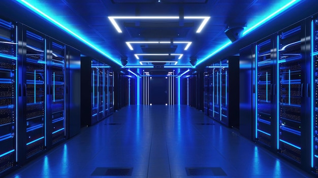 Largo pasillo en el centro de datos con tecnología de luces azules e innovación en la industria de negocios y viajes