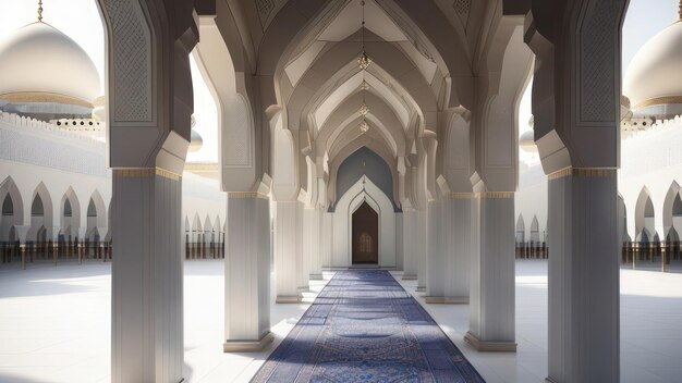 Un largo pasillo con columnas y una alfombra azul.