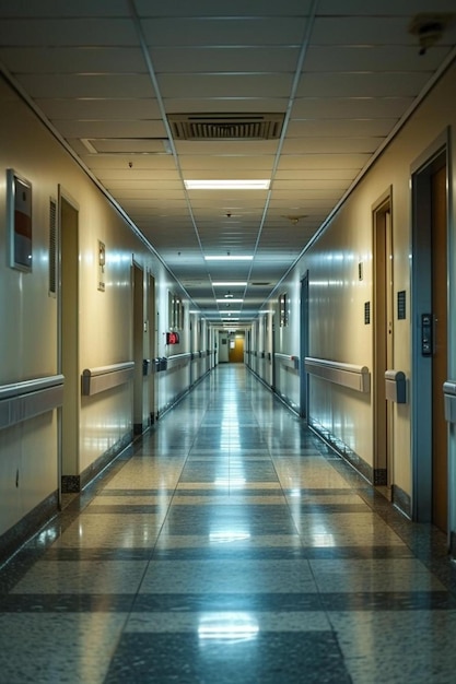 Foto un largo pasillo en un edificio de hospital con un reloj en la pared.