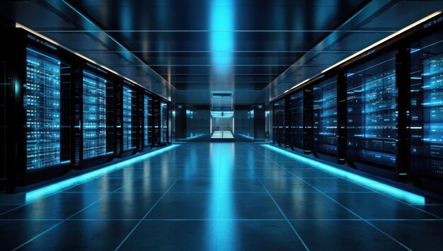 Un largo pasillo con una fila de servidores en el centro Sala de datos IA generativa