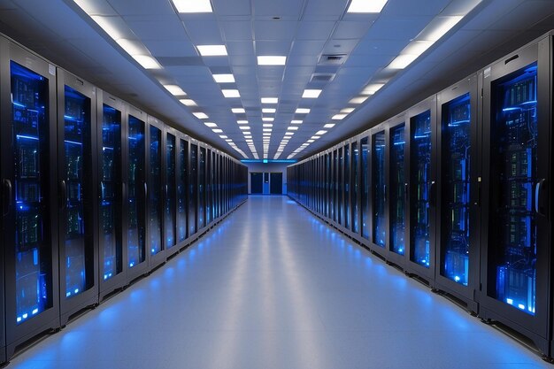Largo pasillo con filas de servidores en el centro de datos con iluminación azul