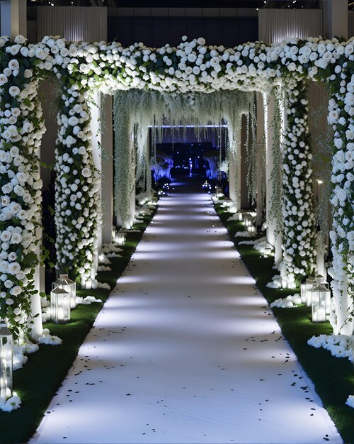 Foto un largo pasillo con flores blancas y vegetación