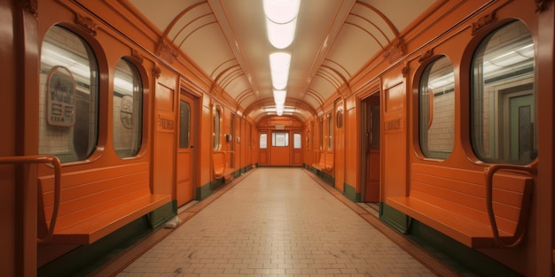 Foto un largo pasillo con puertas naranjas y las palabras 