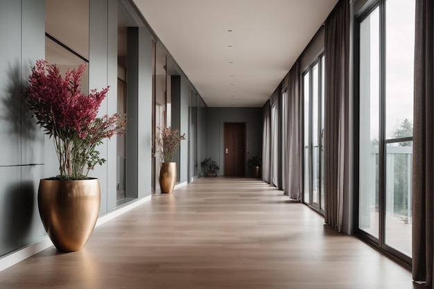 Un largo pasillo recto en tonos grises con suelos de parquet en una casa moderna
