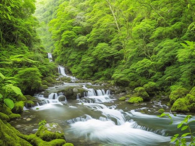 El largo río de la cascada entre las montañas verdes la densa selva tropical con el follaje verde exuberante
