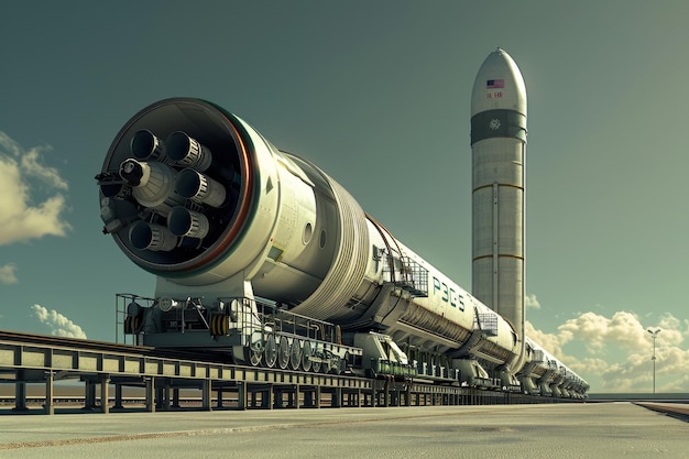 Foto un largo tren de cohetes está estacionado en una vía