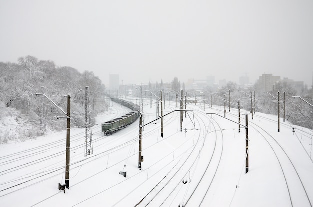 Un largo tren de vagones de mercancías se está moviendo a lo largo de la vía del ferrocarril.