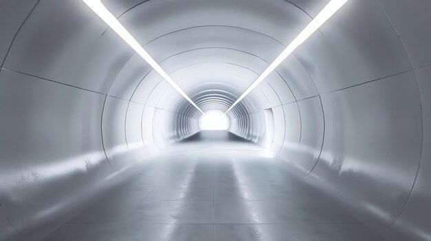 Un largo túnel futurista con luces brillantes al final El túnel está hecho de material blanco liso y tiene un suelo reflectante brillante
