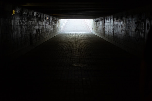 Un largo túnel de hormigón, paso de peatones subterráneo en la ciudad. Paso inferior.