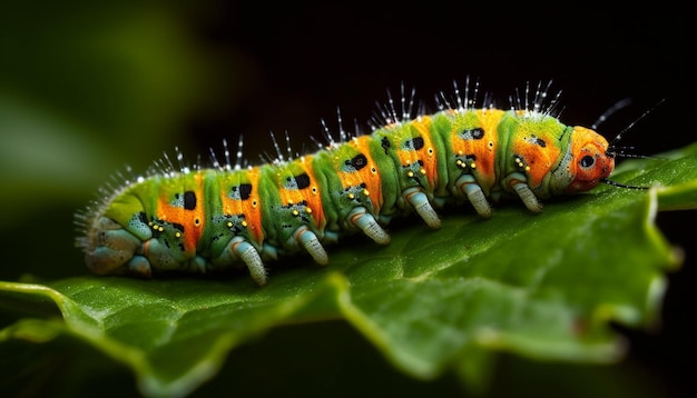 La larva de oruga reptante que come plantas verdes rayadas se transforma en mariposa generada por inteligencia artificial