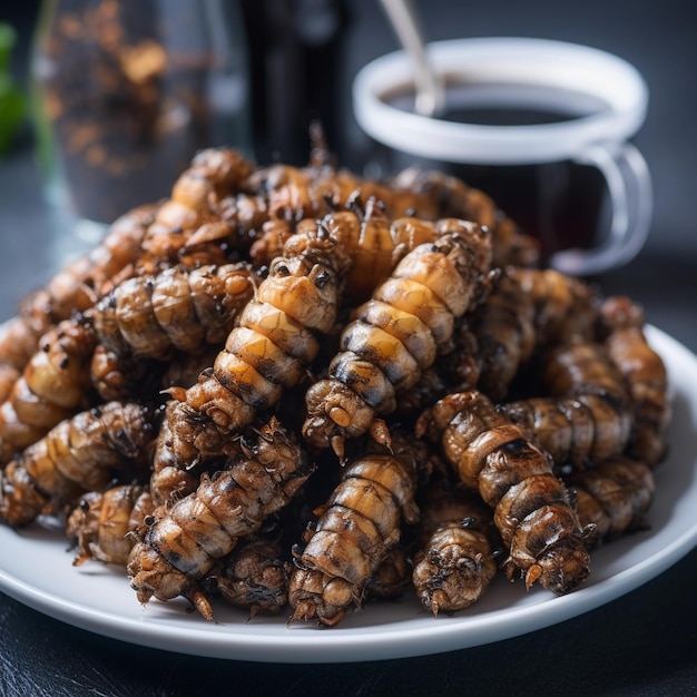 Larvas de insetos lagartas fritas em close de comida asiática incomum