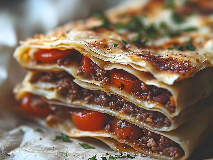 Lasagna de carne de res con queso con jalapeno picado y tomate en la parte superior generada por la IA
