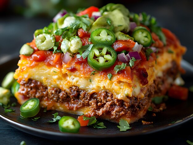 Lasagna de carne de res con queso con jalapeno picado y tomate en la parte superior generada por la IA