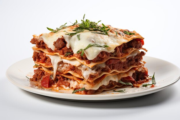 Lasagna de carne en rodajas aislada sobre fondo blanco