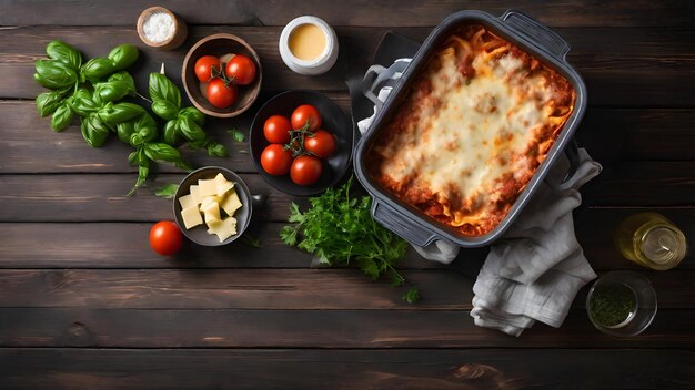 Lasagna caseira italiana com carne moída, massa de tomate, manjericão, alho e queijo