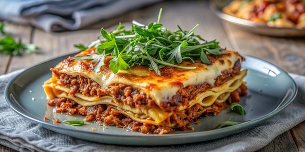 Lasagna casera con carne picada bolognese y salsa bechamel con queso parmesano de rúcula silvestre
