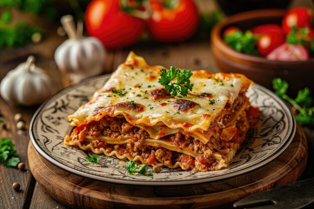 Lasagna com carne picada e legumes numa mesa de madeira