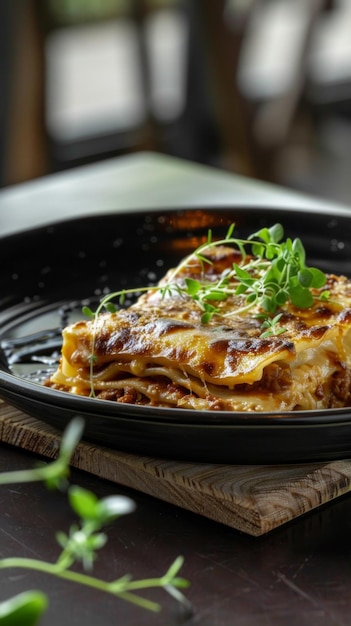 Lasagna gourmet en una mesa de madera