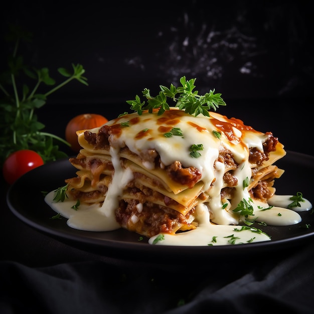 lasagna hecha en casa sobre un fondo negro