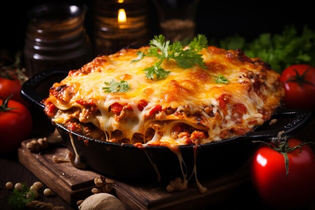 Lasagna italiana de carne con tomates y queso en el horno