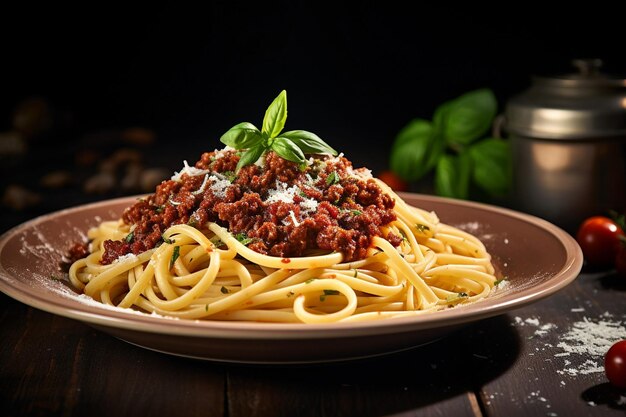 Lasagna italiana clásica con capas de pasta en un plato negro en la mesa sobre un fondo oscuro neural