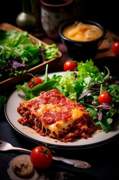 Foto lasagna italiana en un plato con verduras y verduras sobre un fondo oscuro