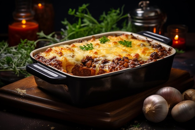 Lasagna con salsa bolognese y carne picada en un plato de horneado