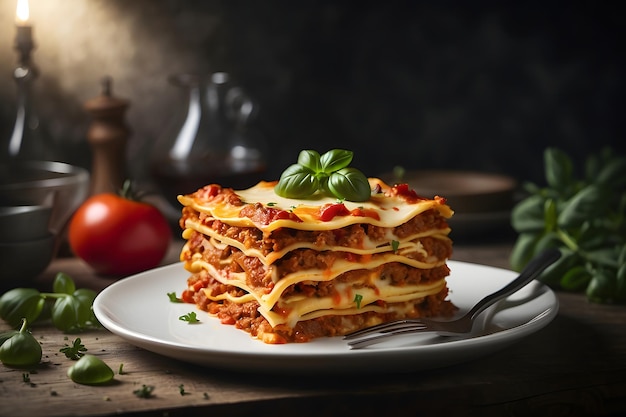 Foto lasagne auf einem weißen teller