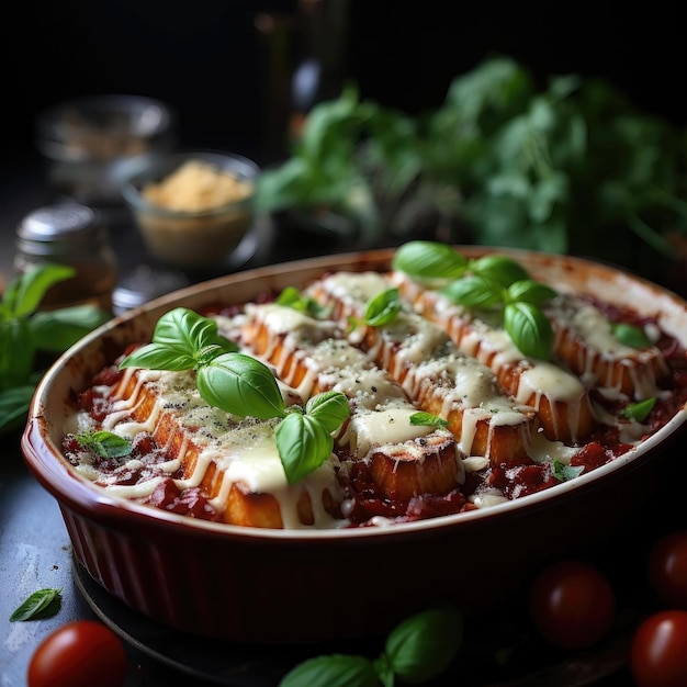 Lasaña de berenjena con salsa de tomate y queso mozzarella