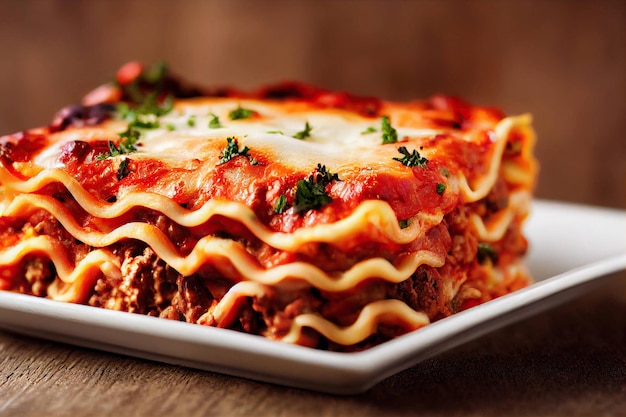 Lasaña italiana de carne de tomate con hojas de pasta y queso parmesano en un plato