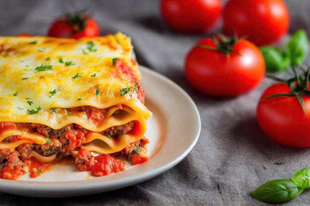 Lasaña italiana casera en plato con tomates sobre fondo borroso