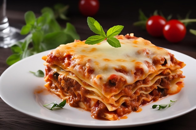 Lasaña italiana Un plato de lasaña con una rebanada de queso encima