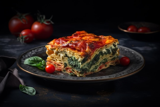 Lasaña italiana tradicional con tomates y espinacas en un fondo negro