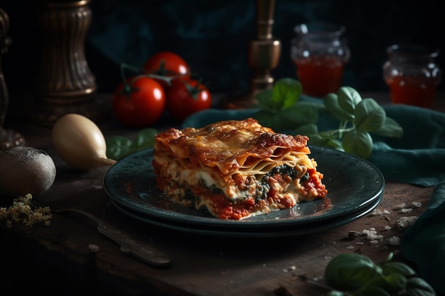 Lasaña italiana tradicional con tomates y espinacas en un fondo negro