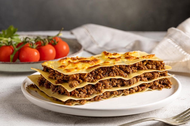 Lasaña con relleno de carne en plato