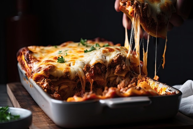 Lasaña sacada del horno con capas de queso y salsa visibles