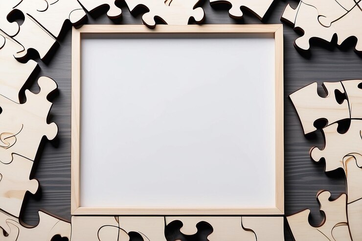 Foto lasercut puzzle de madeira em branco frame mockup com espaço vazio branco para colocar o seu projeto