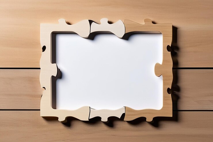 Foto lasercut puzzle de madeira em branco frame mockup com espaço vazio branco para colocar o seu projeto
